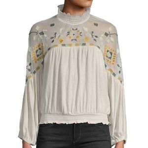 Free People Embroidered Mesh Yoke Top